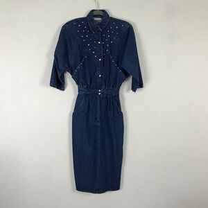 Vintage 1980s Denim Dress Size XS Blue Rhinestone Accents Pockets 3/4 Sleeve